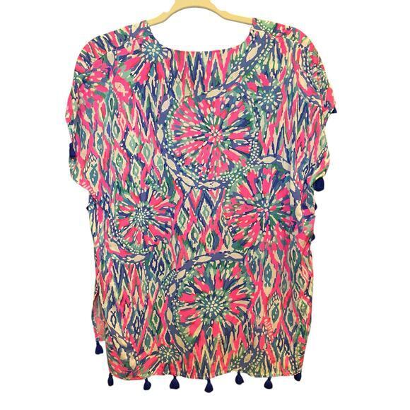 Lilly Pulitzer Women XS Top Tunic‎ Short Sleeve Sydney Caftan Pink Blue Tassels - Picture 13 of 16